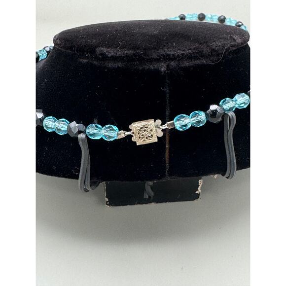 Vintage Turquoise & Black Glass Bead Necklace w/Sterling Silver Clasp - Picture 2 of 11